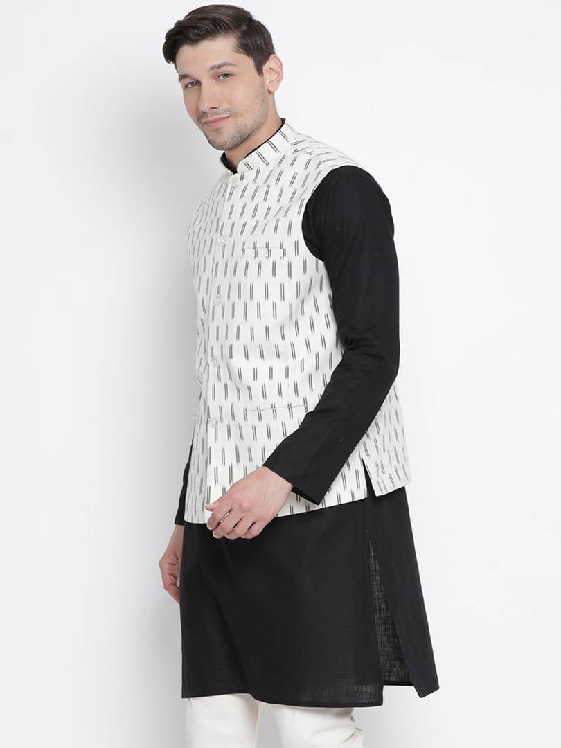 Men's White Cotton
 Woven Design Nehru Jackets